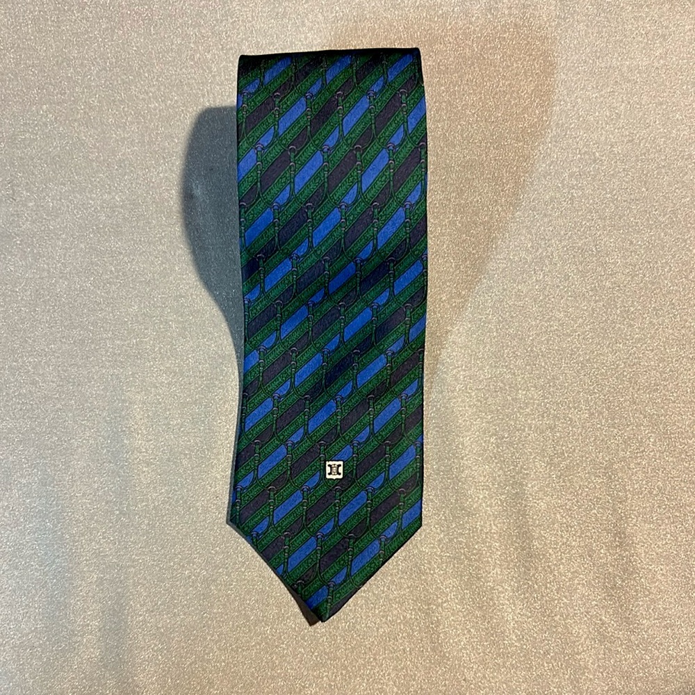 Celine silk tie in green and blue print